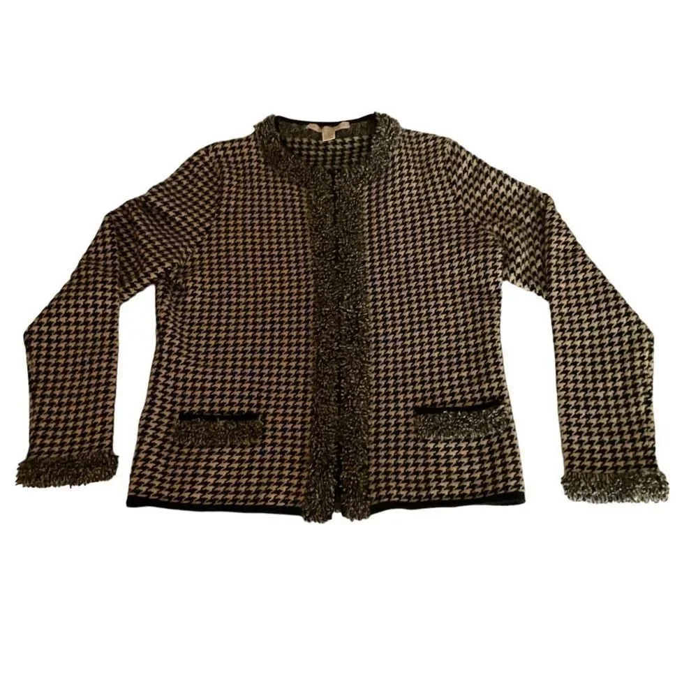 Belford Cardigan Cashmere Black Tan Houndstooth Loop Fringe Trim Zip Front Large